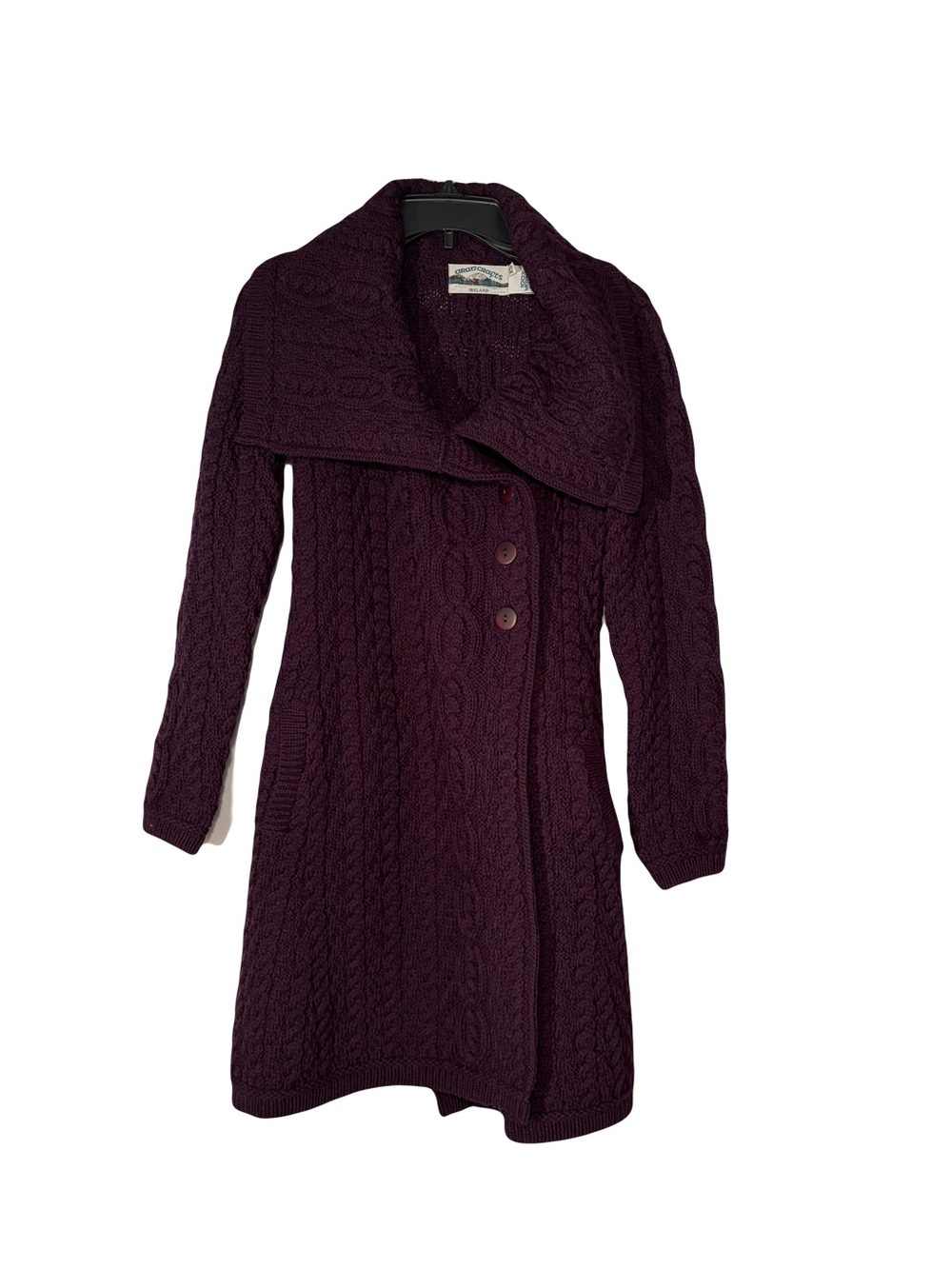 Aran Crafts Cable-Knit Long coat Sweater - Deep Plum/purple XS 4 button front